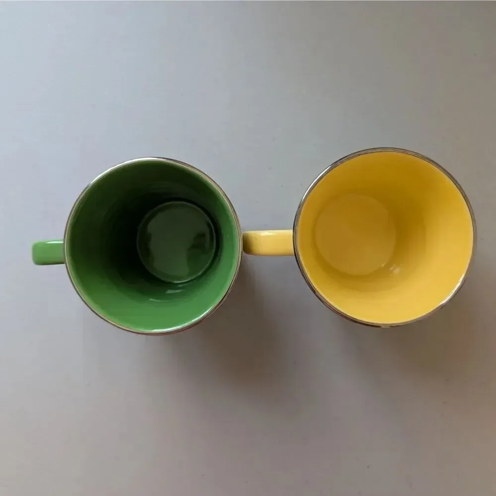 '07 STARBUCKS 14oz YELLOW & GREEN RIBBED Sand Pail Bucket Coffee Mugs Silver Rim